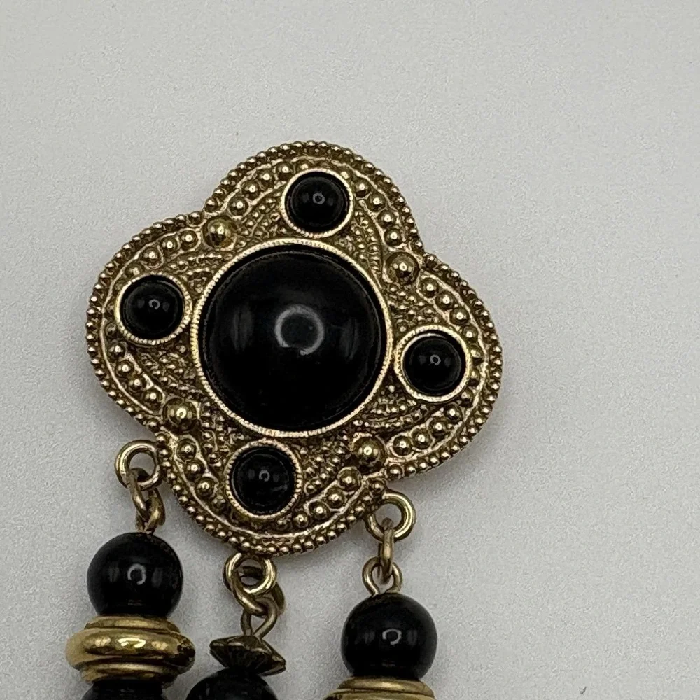 Vintage 1928 Brooch Etruscan Revival Shield Dangle Tassel Gold Black